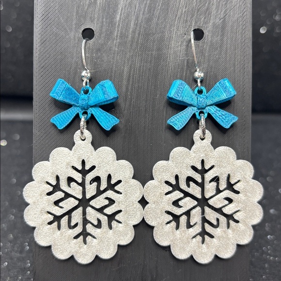 Jewelry - Elegant Snowflake Earrings with Blue Bow